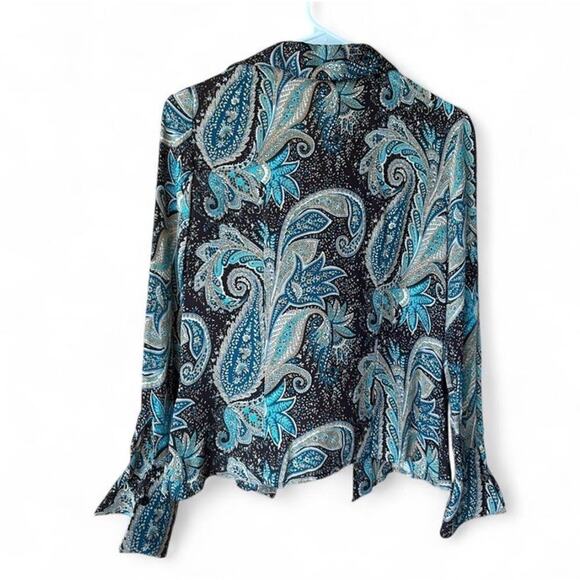 Petite Sophisticate Women’s 100% Silk Blue Brown Paisley Button Up Shirt Size 4 - Picture 4 of 7